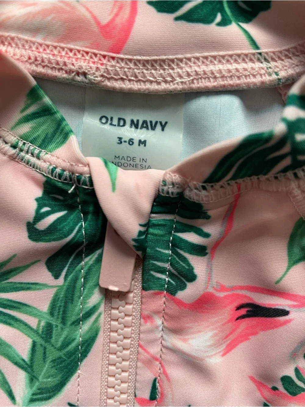Old Navy Pink Flamingo & Green Leaf Baby Swim Romper